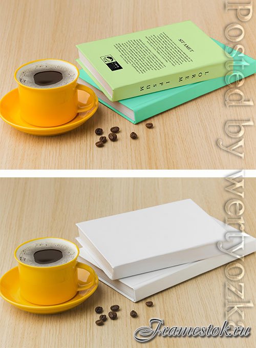 Book cover arrangement on wooden background with cup of coffee
