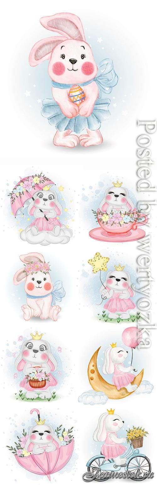 Cute bunny with easter egg nursery watercolor illustration