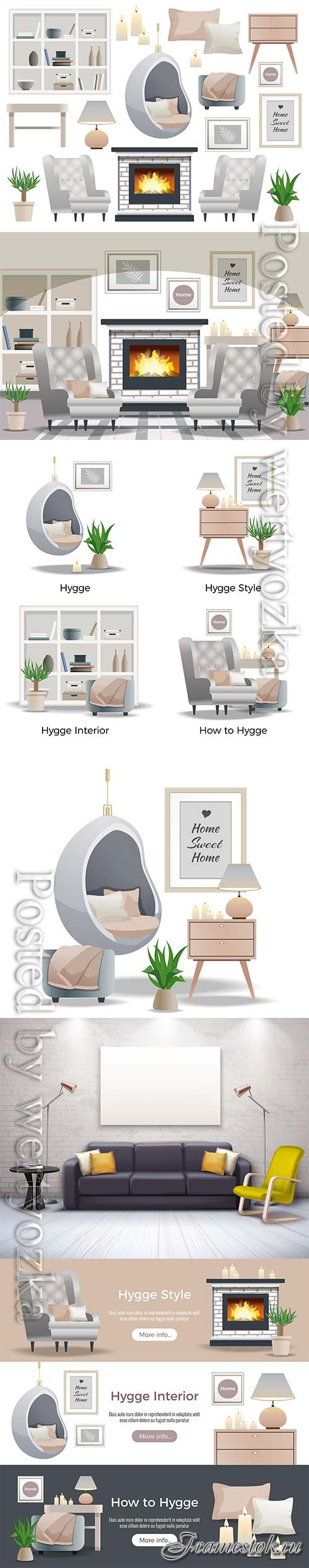 Hygge style interior isometric design element vector collection