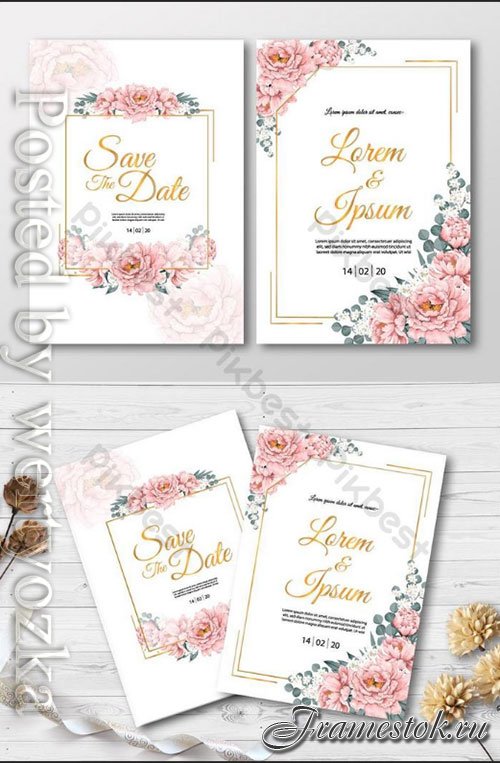 Wedding Invitation card with pink Paeonia flowers and gold frame watercolor drawing