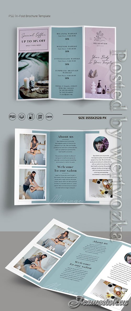 Massage trifold brochure templates in psd