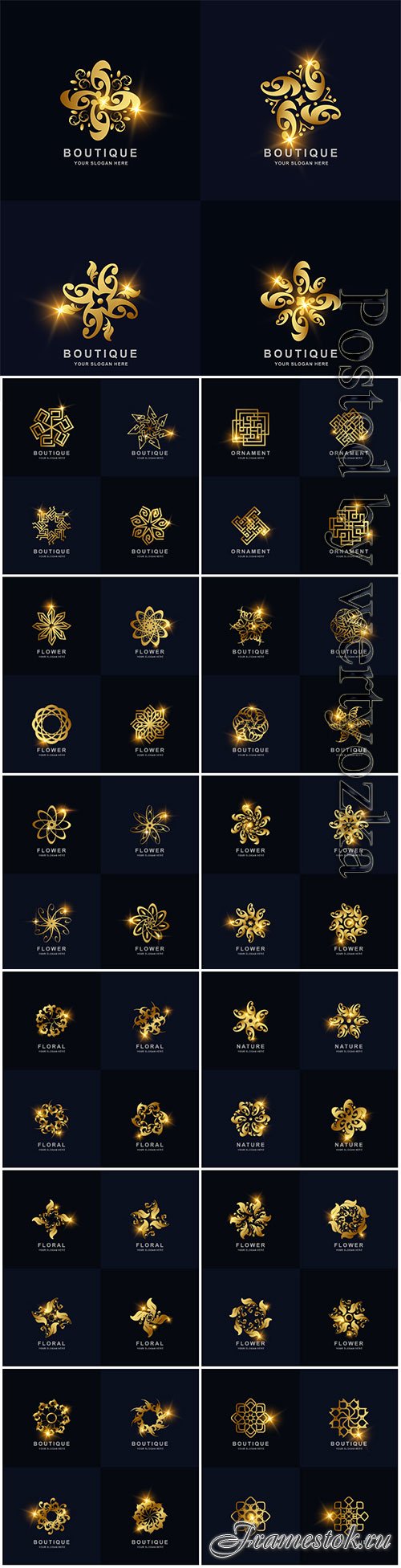 Abstract golden, flower, ornament, logo, set, vector, collection