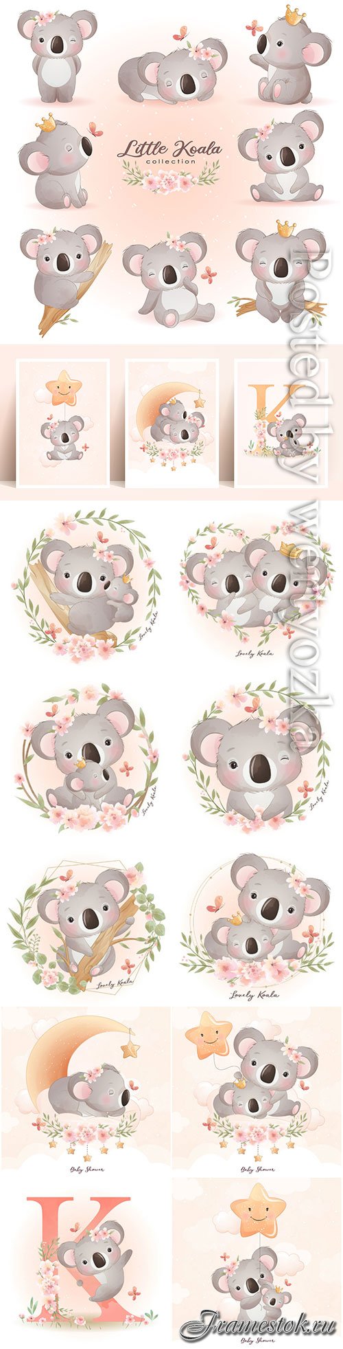 Cute doodle koala bear with floral illustration premium vector