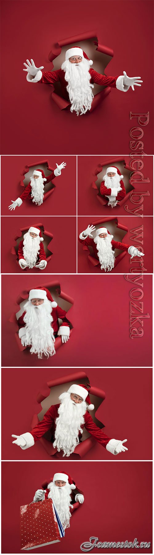 Santa man looking through hole on red paper