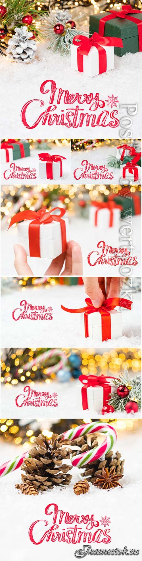 Merry christmas lettering greeting card with gift boxes