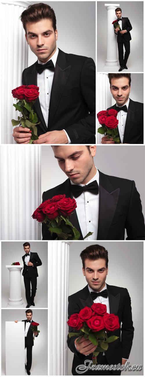 Man with red roses stock photo