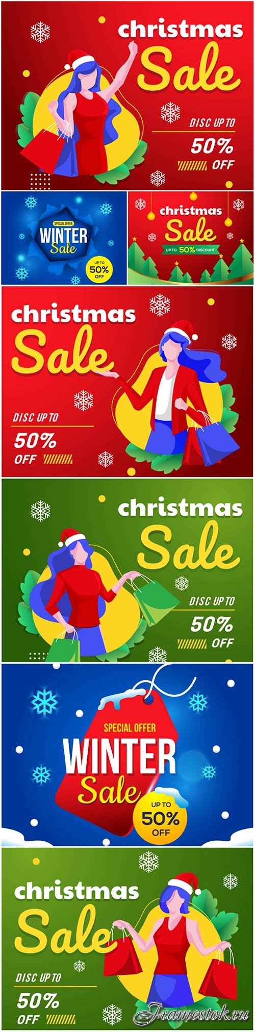 Christmas sale banner with women shopping background