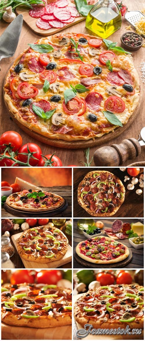 Pizza with tomatoes and olives stock photo