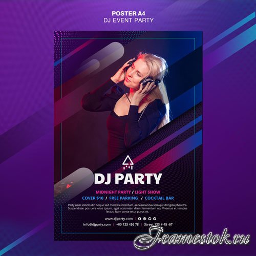 Dj party woman with headphones psd poster