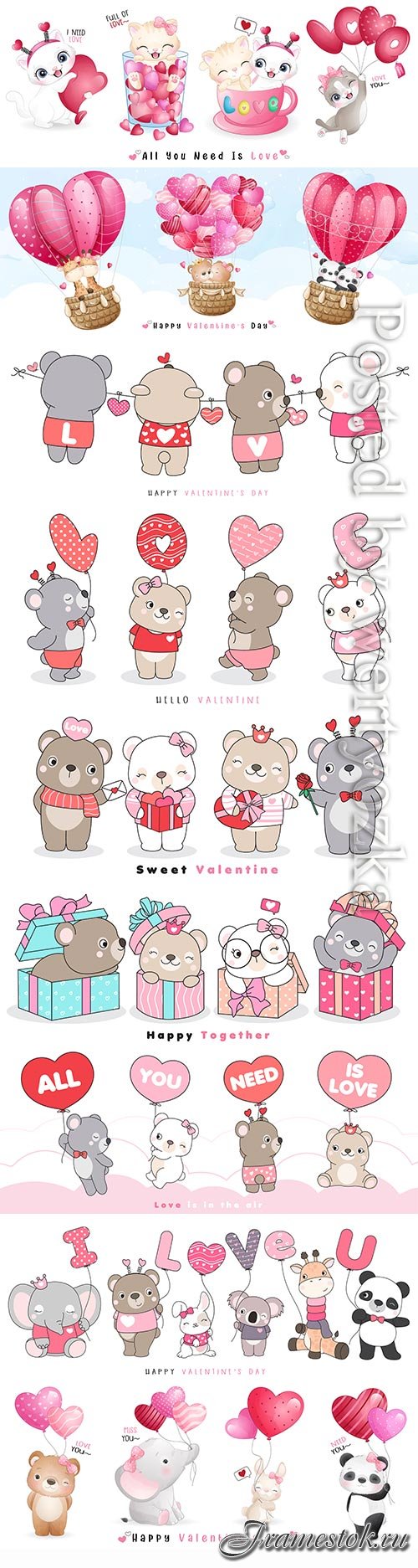 Cute funny doodle animals for valentine's day illustration