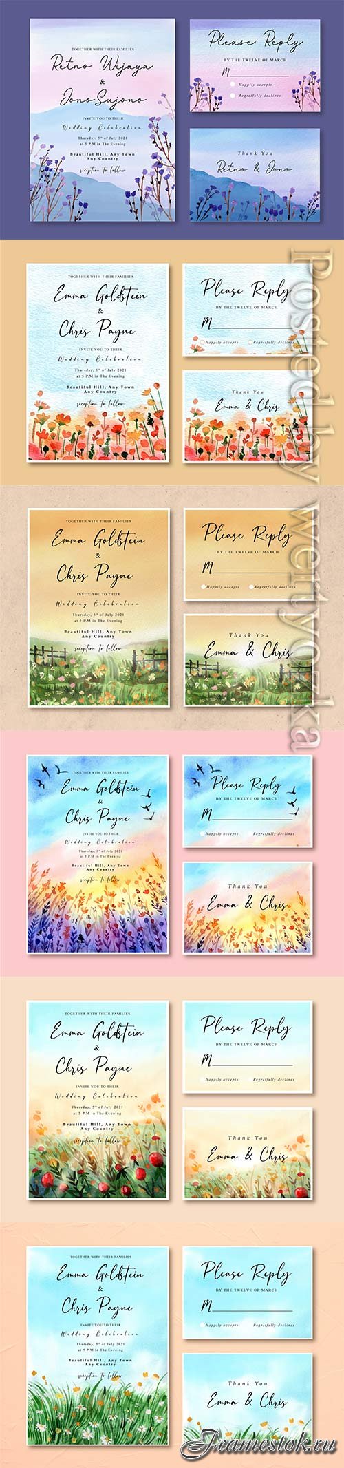 Floral watercolor vector wedding invitation