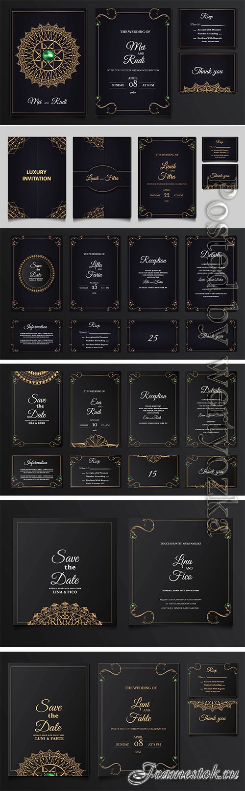 Set collection luxury save the date wedding invitation vector card