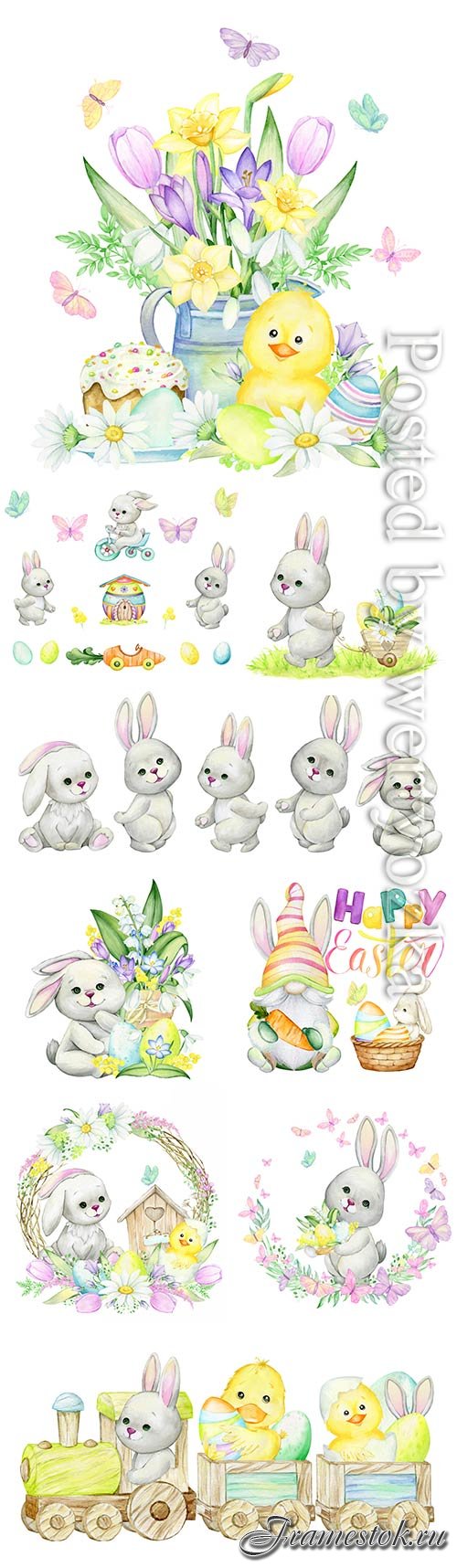 Rabbits, bicycle, easter eggs, butterflies, house, car, plant watercolor set of elements