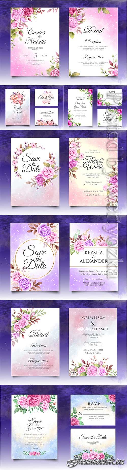 Wedding invitation with red and purple roses