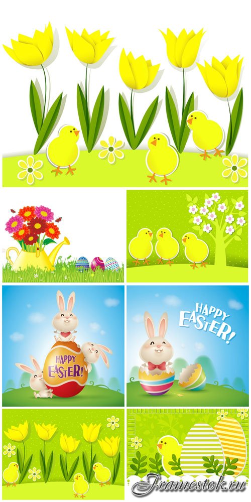 Yellow tulips and chickens, Easter illustrations in vector