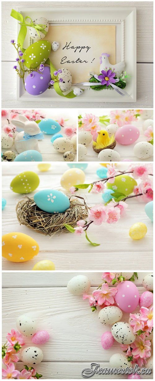 Easter eggs and flowers stock photo