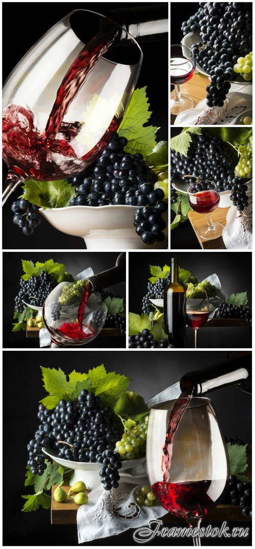 Glasses with wine, grapes stock photo