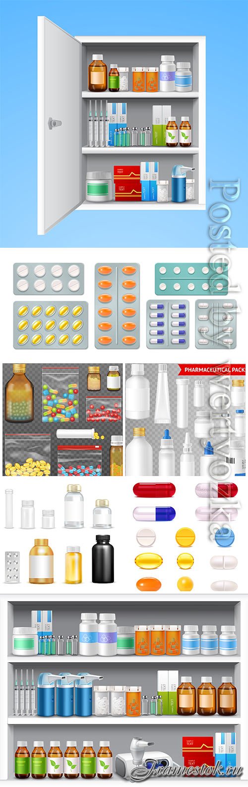 Medical drugs in vector, bottles with pills and medicines