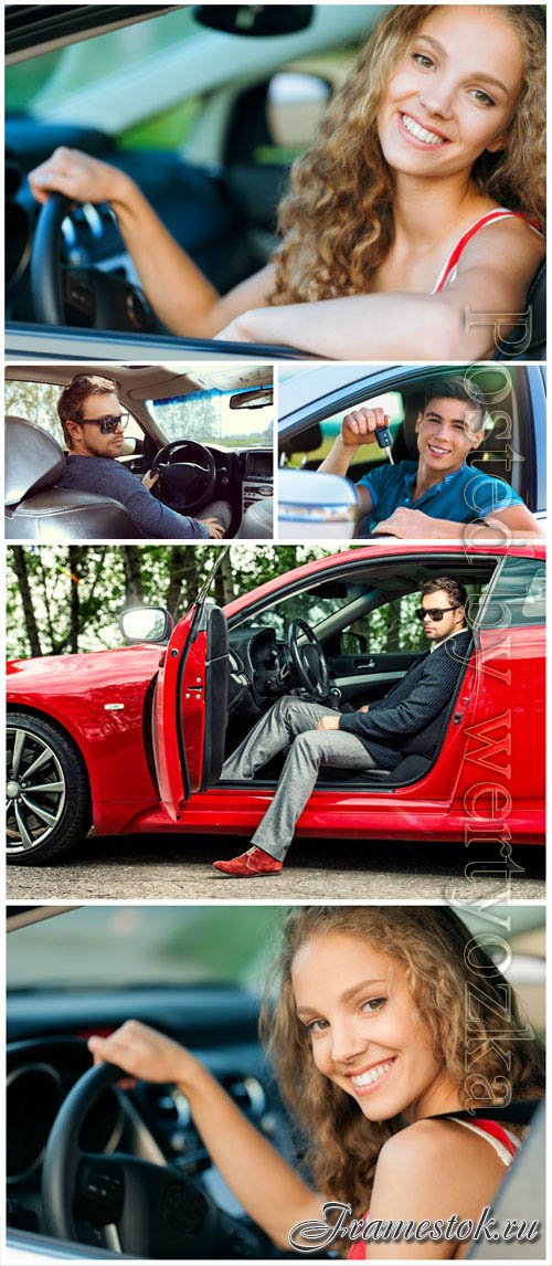 Men and women driving a car stock photo