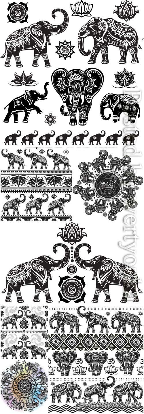 Indian patterns and elephants in vector