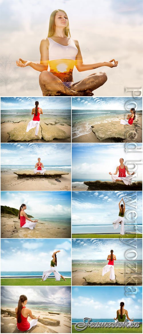 Yoga class by the sea stock photo