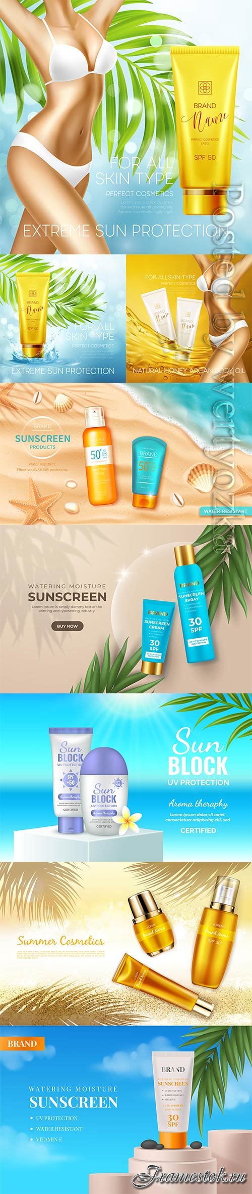 Sun protection cosmetic products vector design template