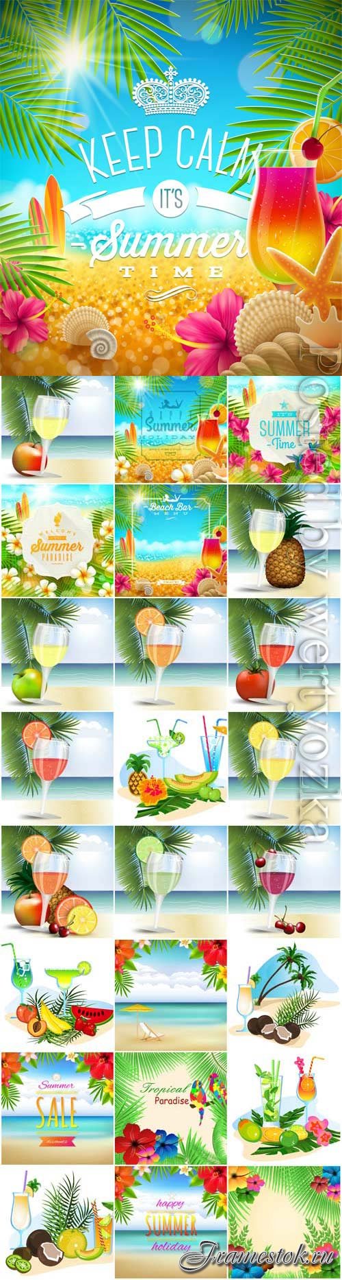 Summer vacation, sea, palm trees, cocktails in vector vol 21