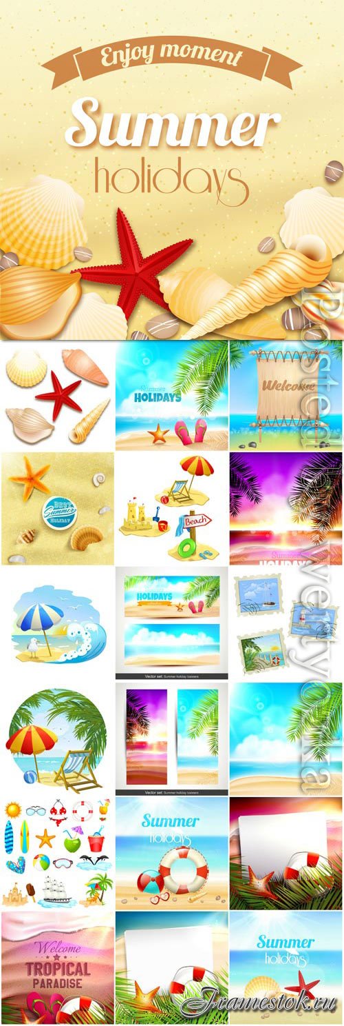 Summer vacation, sea, palm trees, cocktails in vector vol 20