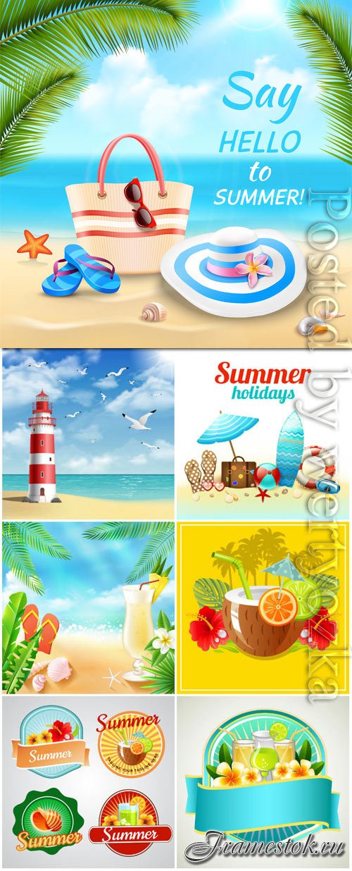 Summer vacation, sea, palm trees, cocktails in vector vol 19