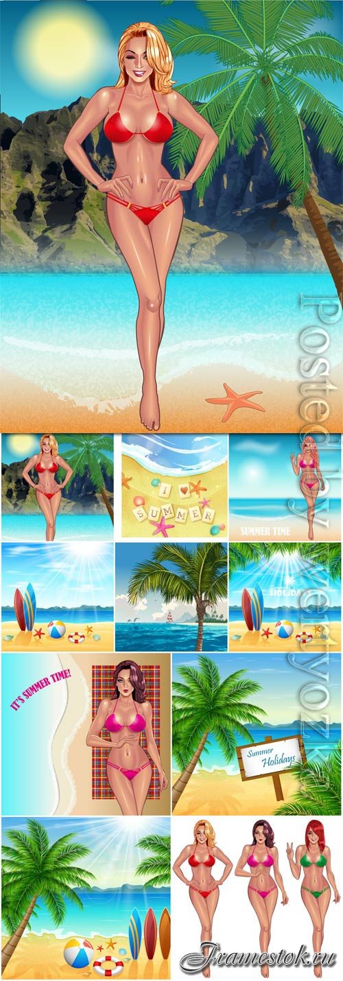 Summer vacation, sea, palm trees, cocktails in vector vol 17