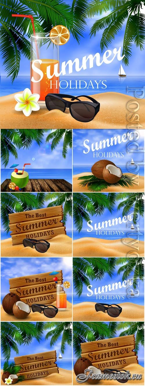 Summer vacation, sea, palm trees, cocktails in vector vol 18