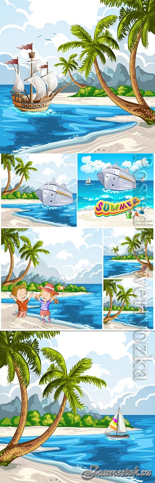 Summer vacation, sea, palm trees, cocktails in vector vol 15