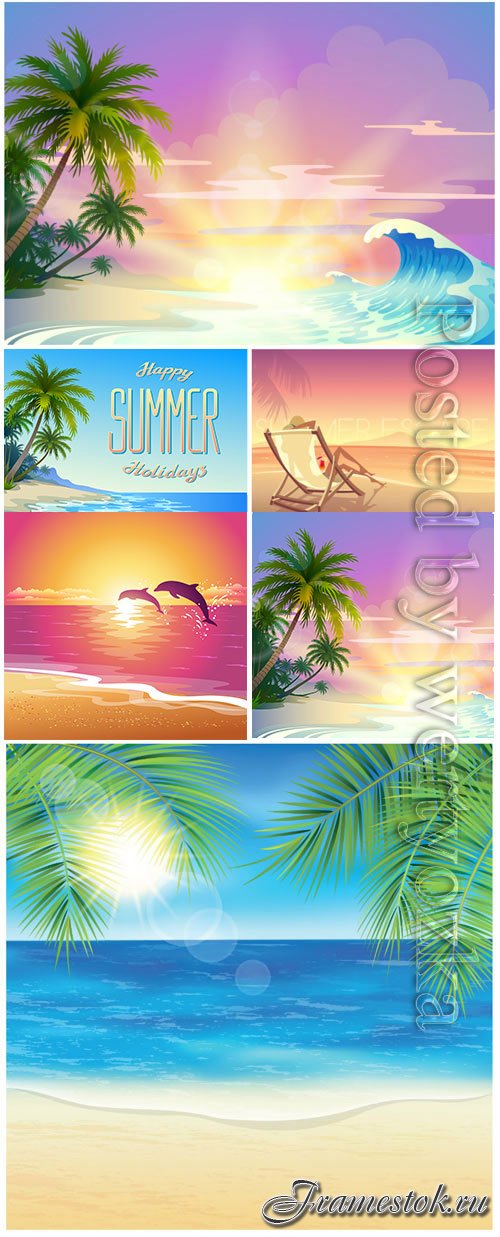 Summer vacation, sea, palm trees, cocktails in vector vol 14