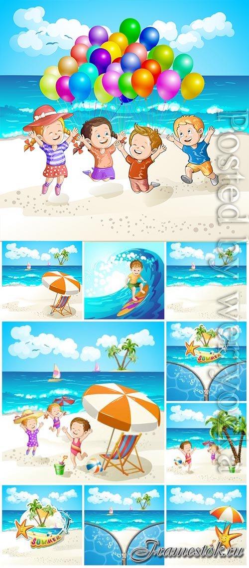 Summer vacation, sea, palm trees, cocktails in vector vol 12