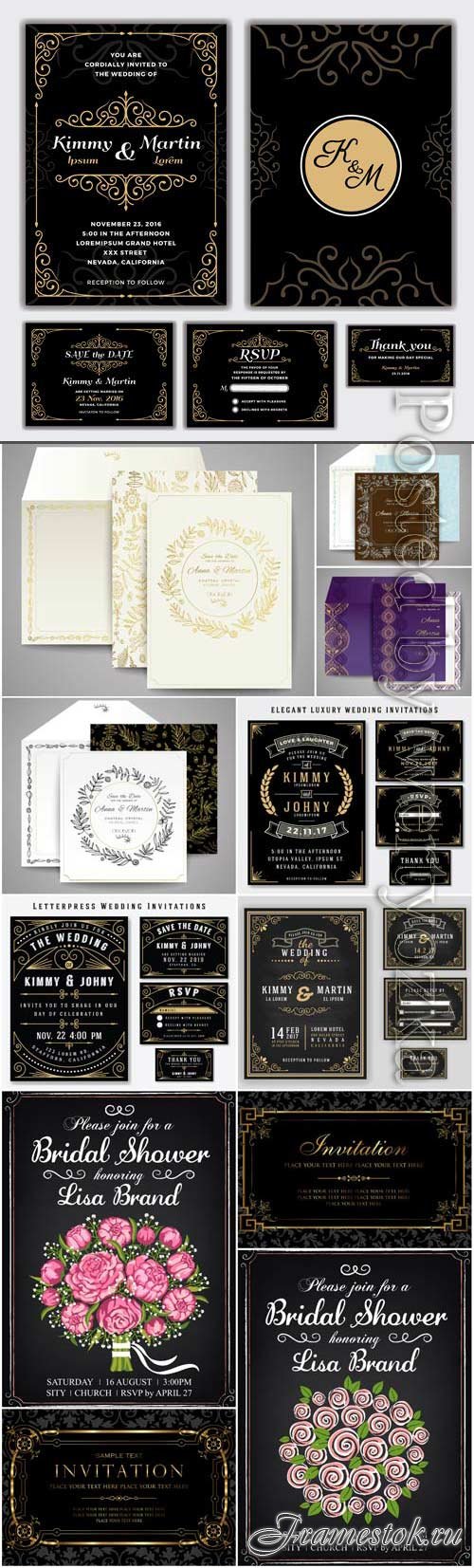 Wedding invitation cards with gold design and flowers in vector