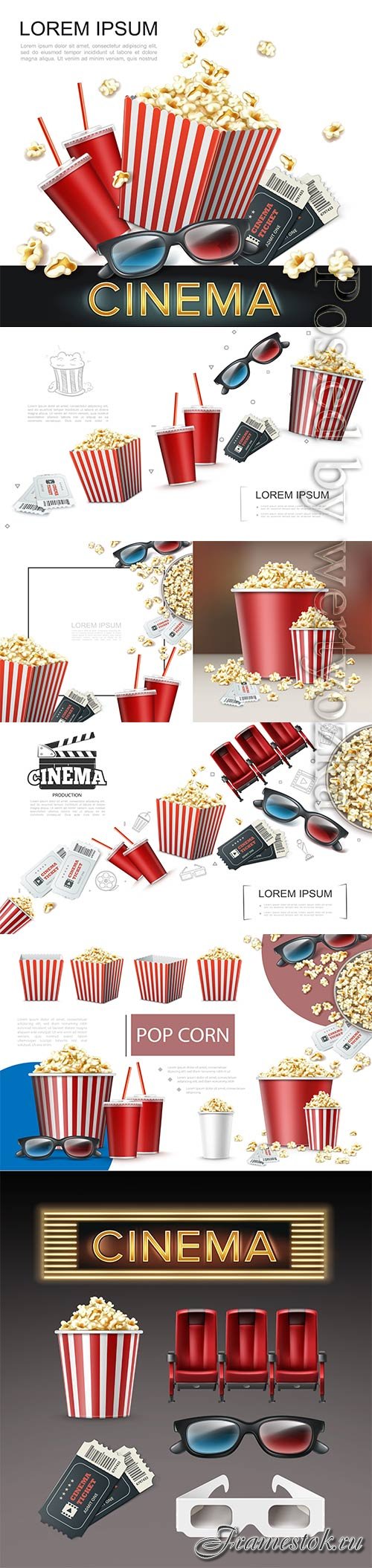 Realistic cinema elements, 3d glasses, tickets, soda, cups striped, paper box and bucket of popcorn