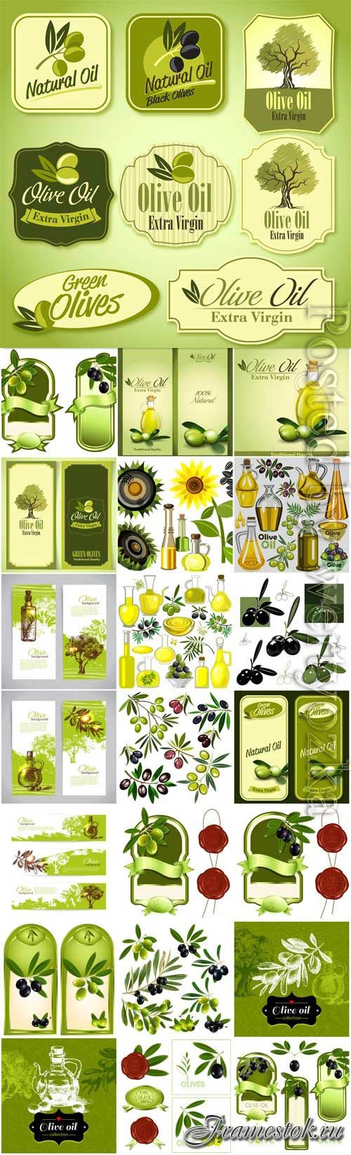 Labels and backgrounds with olives, olive oil in vector