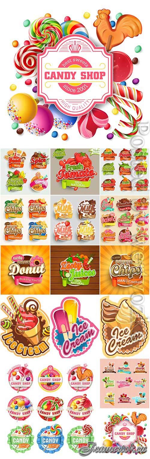 Stickers and labels with ice cream and sweets in vector