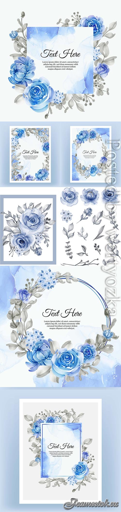 Watercolor illustration rose and leaf navy blue isolated clipart