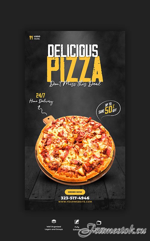 Food menu and delicious pizza instagram and facebook story template