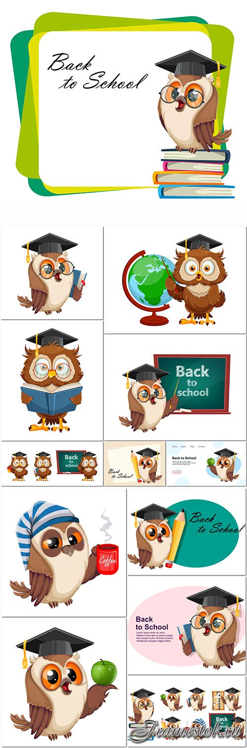 Cute wise owl set of three poses funny owl cartoon character back to school concept premium vector