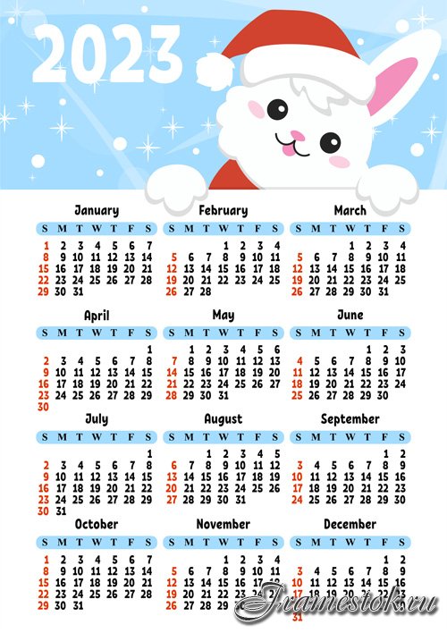 Color calendar for 2023 with a cute character rabbit week starts on sunday fun and bright design cartoon style
