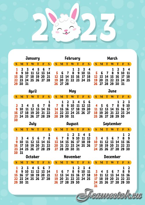 Calendar for 2023 with a cute character rabbit week starts on sunday fun and bright design cartoon style