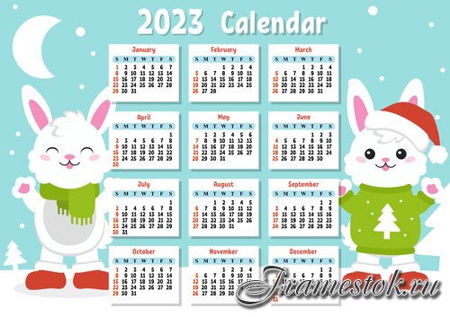 2023 Calendar with a cute character rabbit week starts on sunday fun and bright design cartoon style