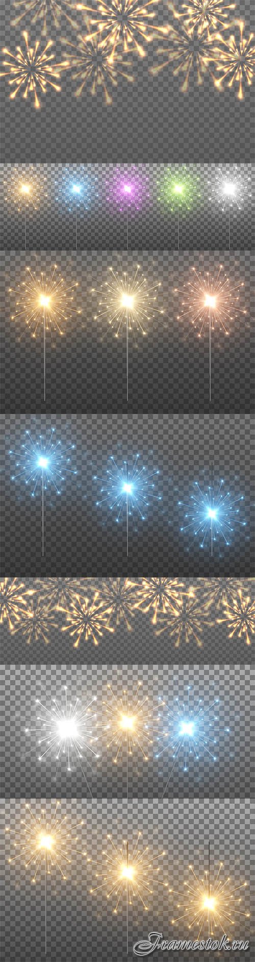 Vector sparklers on an isolated transparent background, gold sparklers, sparks, fireworks