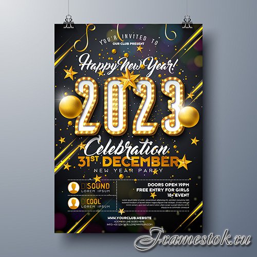 2023 new year party celebration poster design with lights bulb number and gold christmas ball