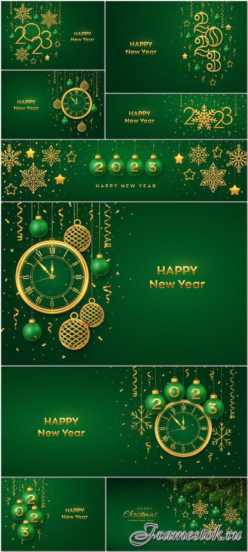 Christmas background with hanging golden snowflakes and green balls gold metallic stars confetti