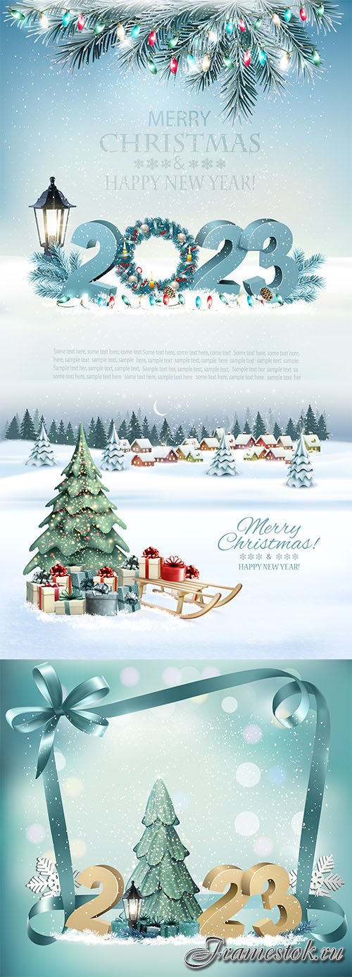Holiday background with landscape and christmas tree