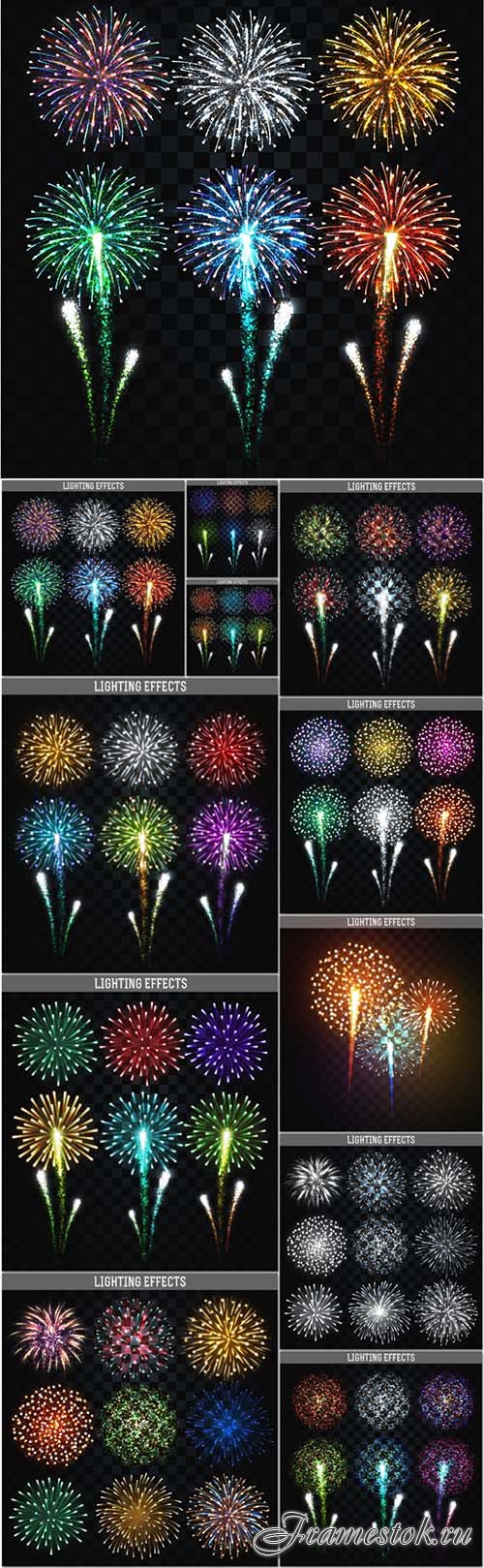 Vector fireworks set, realistic bright colorful salutes