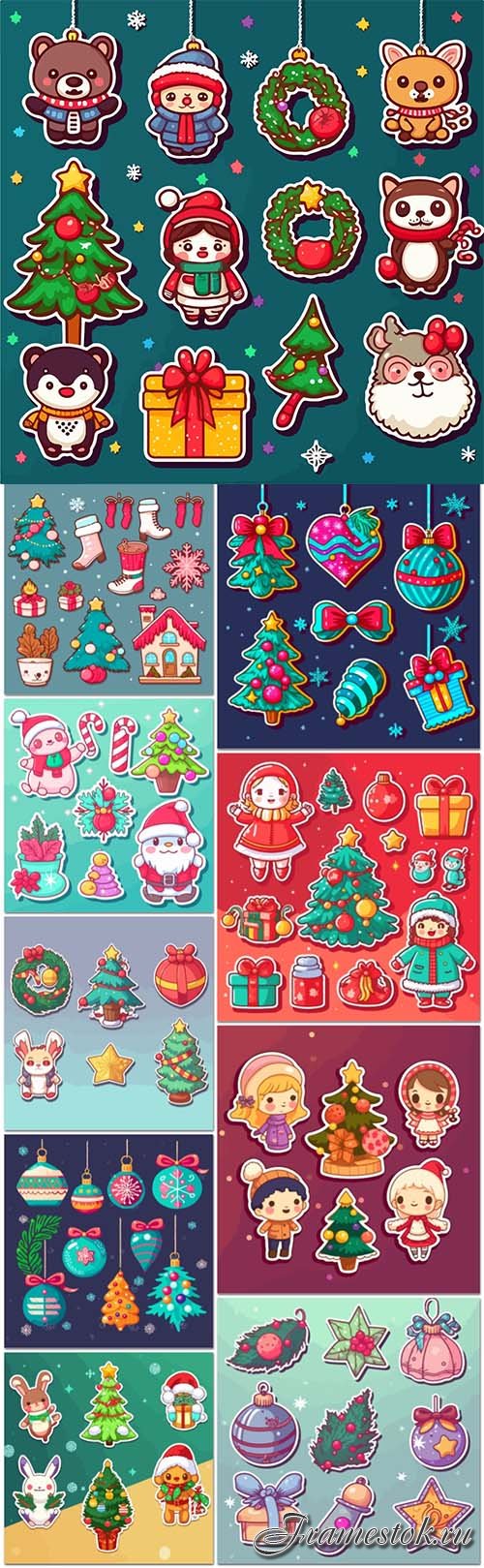 Sticker set xmas, attribute ornament, sticker collection new year holidays